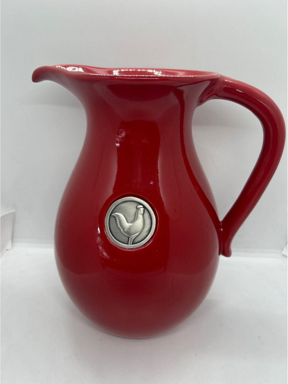 Red Ceramic Pitcher with Chicken Emblem - Vintage Style Water or Juice Jug